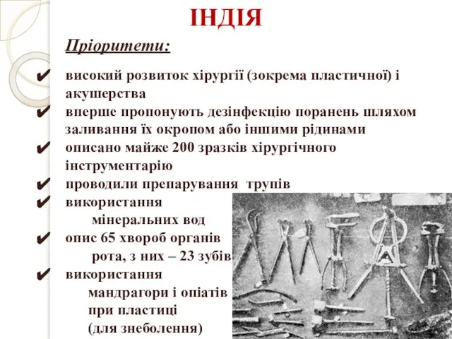 Пріоритети: високий розвиток хірургії (зокрема пластичної) і акушерства вперше пропонують дезінфекцію поранень