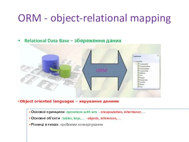 Relational Data Base – збереження даних ORM - object-relational mapping Object oriented