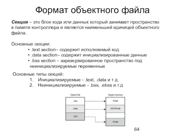 Формат объектного файла Секция – это блок кода или данных который занимает