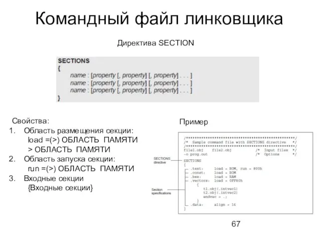 Командный файл линковщика Директива SECTION Свойства: Область размещения секции: load =(>) ОБЛАСТЬ