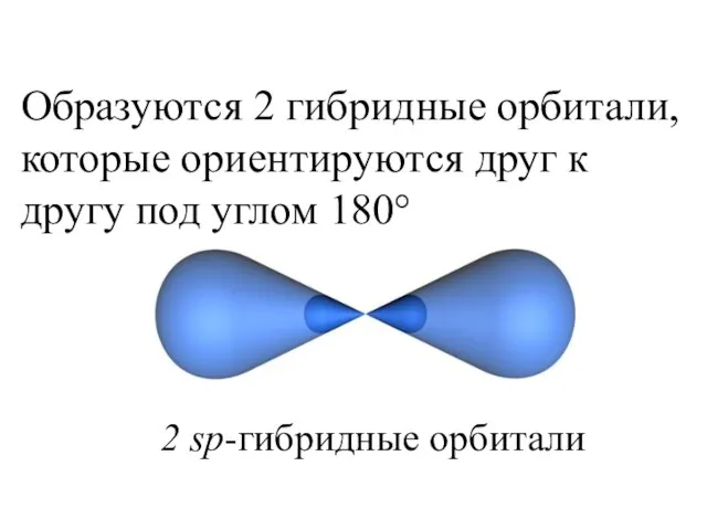 Образуются 2 гибридные орбитали, которые ориентируются друг к другу под углом 180° 2 sp-гибридные орбитали