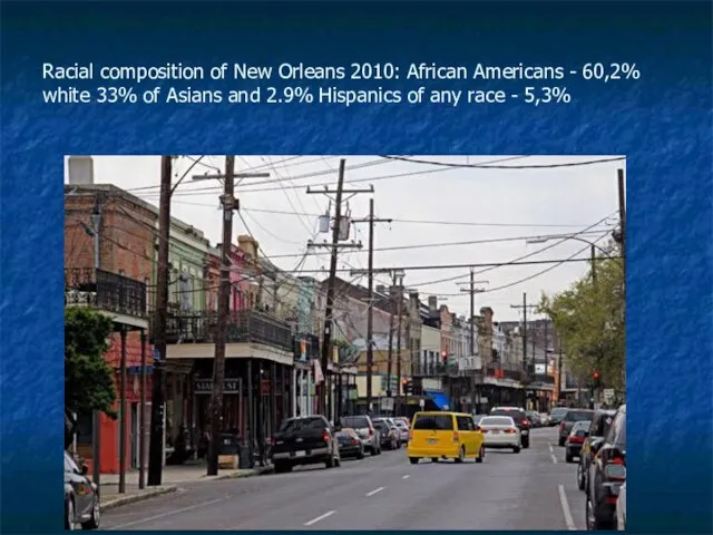 Racial composition of New Orleans 2010: African Americans - 60,2% white 33%