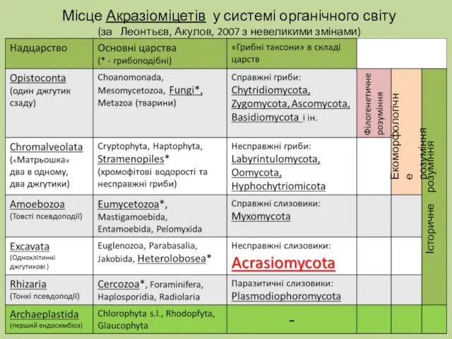 Місце Акразіоміцетів у системі органічного світу (за Леонтьєв, Акулов, 2007 з невеликими