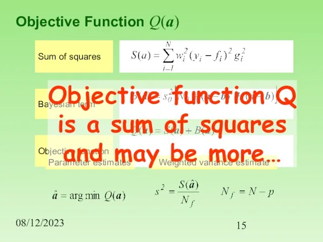 08/12/2023 Objective Function Q(a) Parameter estimates Weighted variance estimate Objective function Q