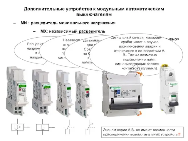 OF : Дополнительный контакт «включено-отключено» SD : Сигнальный контакт «авария» MX: независимый