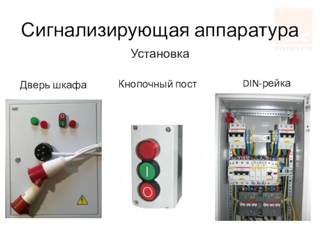 Дверь шкафа DIN-рейка Установка Сигнализирующая аппаратура Кнопочный пост