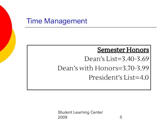 Student Learning Center 2009 Time Management Semester Honors Dean’s List=3.40-3.69 Dean’s with Honors=3.70-3.99 President’s List=4.0