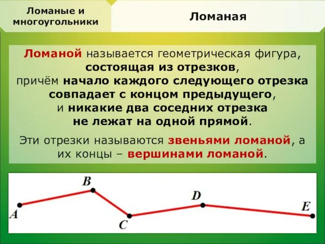 Ломаной называется геометрическая фигура, состоящая из отрезков, причём начало каждого следующего отрезка