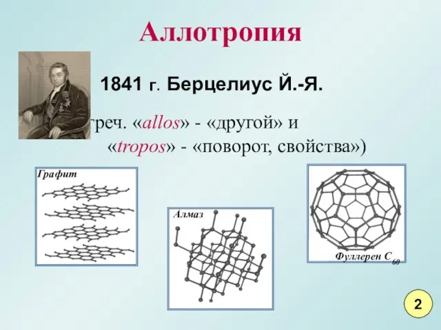 Аллотропия 1841 г. Берцелиус Й.-Я. (греч. «allos» - «другой» и «tropos» - «поворот, свойства») 2