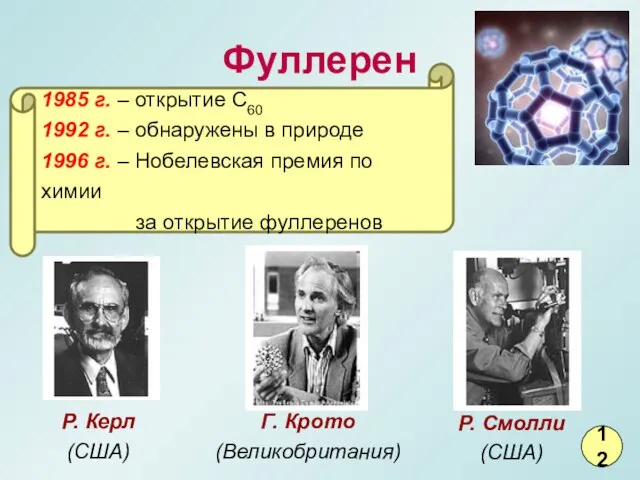 Фуллерен Г. Крото (Великобритания) Р. Керл (США) Р. Смолли (США) 1985 г.