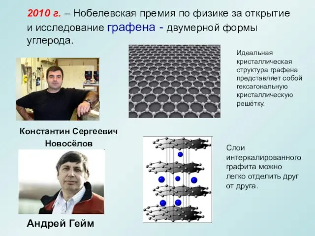 2010 г. – Нобелевская премия по физике за открытие и исследование графена