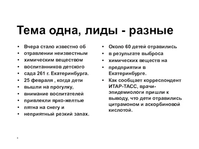 Тема одна, лиды - разные Вчера стало известно об отравлении неизвестным химическим