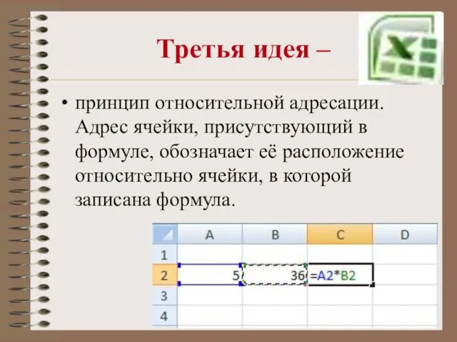 Третья идея – принцип относительной адресации. Адрес ячейки, присутствующий в формуле, обозначает