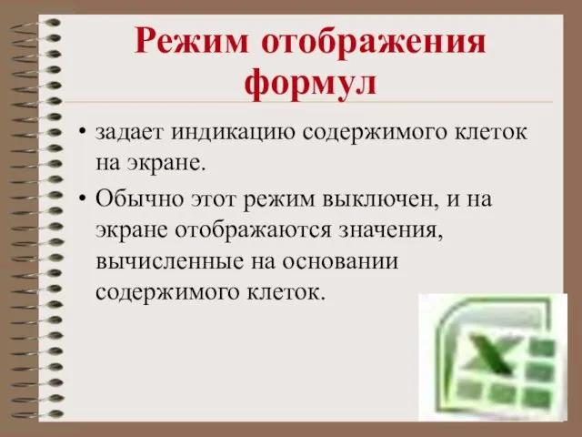 Режим отображения формул задает индикацию содержимого клеток на экране. Обычно этот режим