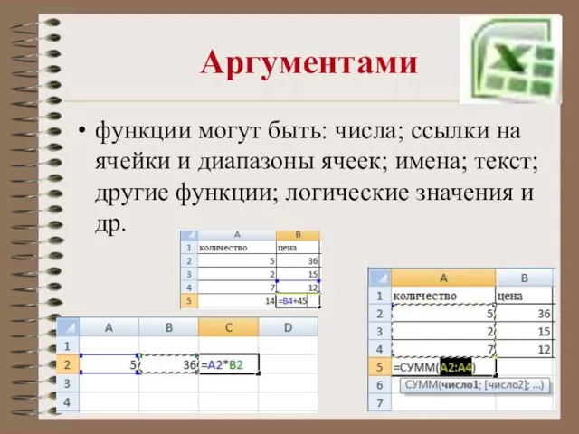 Аргументами функции могут быть: числа; ссылки на ячейки и диапазоны ячеек; имена;