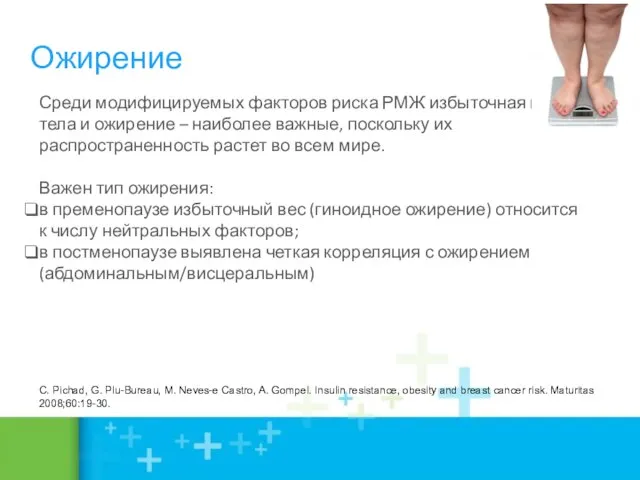 Ожирение Среди модифицируемых факторов риска РМЖ избыточная масса тела и ожирение –