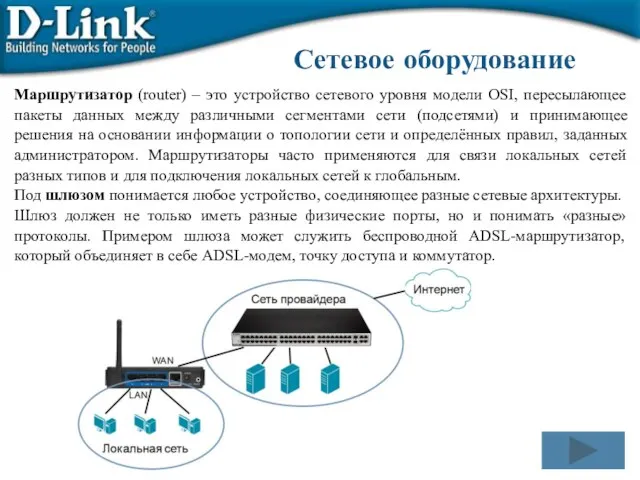 Сетевое оборудование Маршрутизатор (router) – это устройство сетевого уровня модели OSI, пересылающее