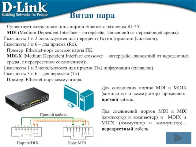 Существует следующие типы портов Ethernet с разъемом RJ-45: MDI (Medium Dependent Interface