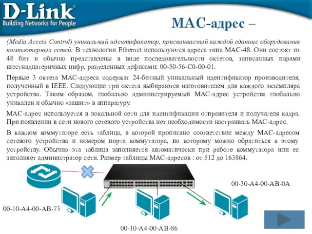 MAC-адрес – (Media Access Control) уникальный идентификатор, присваиваемый каждой единице оборудования компьютерных