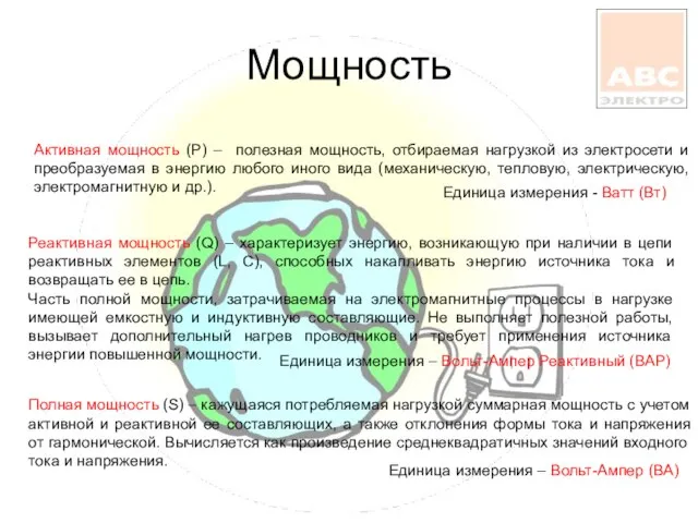 Мощность Активная мощность (P) – полезная мощность, отбираемая нагрузкой из электросети и