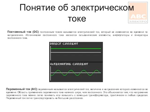 Понятие об электрическом токе Постоянный ток (DC) постоянным током называется электрический ток,