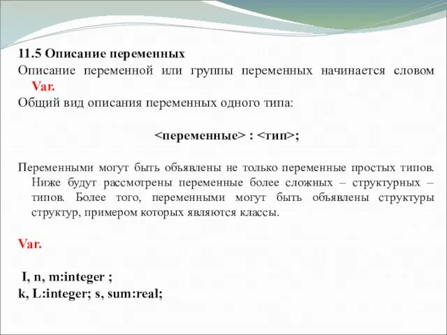 11.5 Описание переменных Описание переменной или группы переменных начинается словом Var. Общий