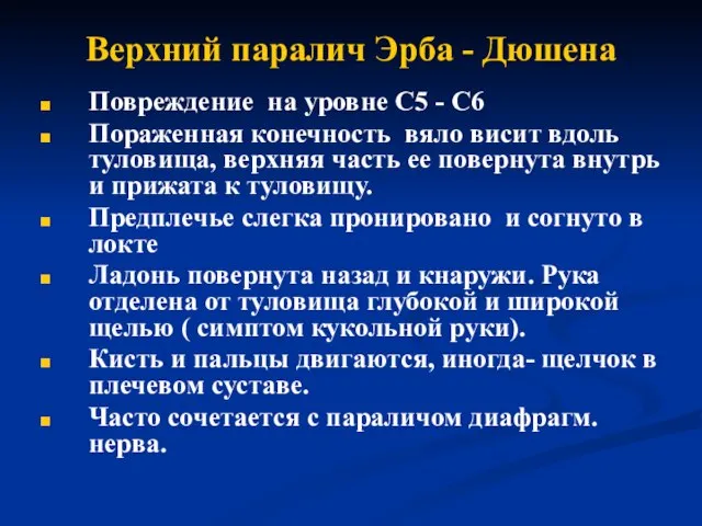 Верхний паралич Эрба - Дюшена Повреждение на уровне С5 - C6 Пораженная