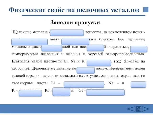 Физические свойства щелочных металлов Щелочные металлы - серебристо–белые вещества, за исключением цезия