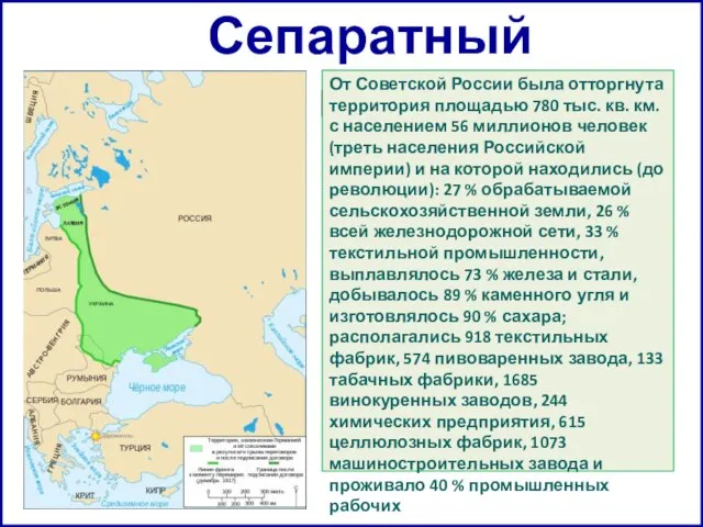 Сепаратный мир От Советской России была отторгнута территория площадью 780 тыс. кв.