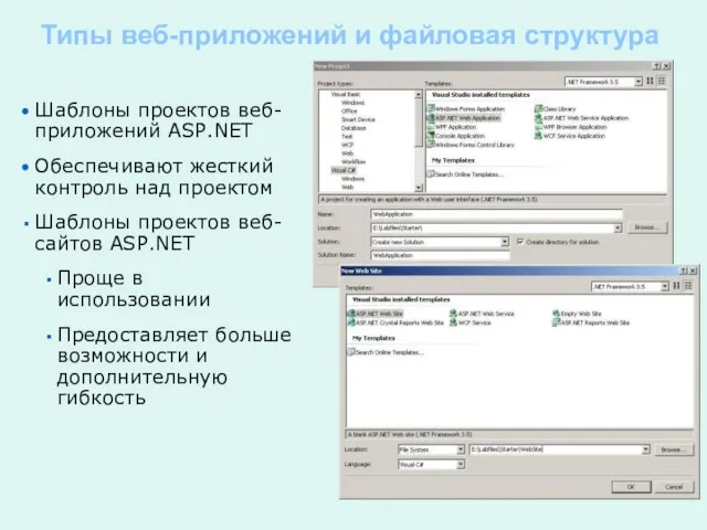 Шаблоны проектов веб-приложений ASP.NET Обеспечивают жесткий контроль над проектом Шаблоны проектов веб-сайтов