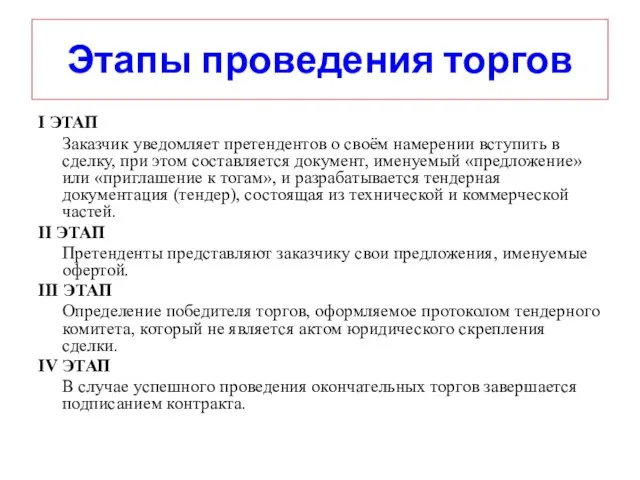 Этапы проведения торгов I ЭТАП Заказчик уведомляет претендентов о своём намерении вступить