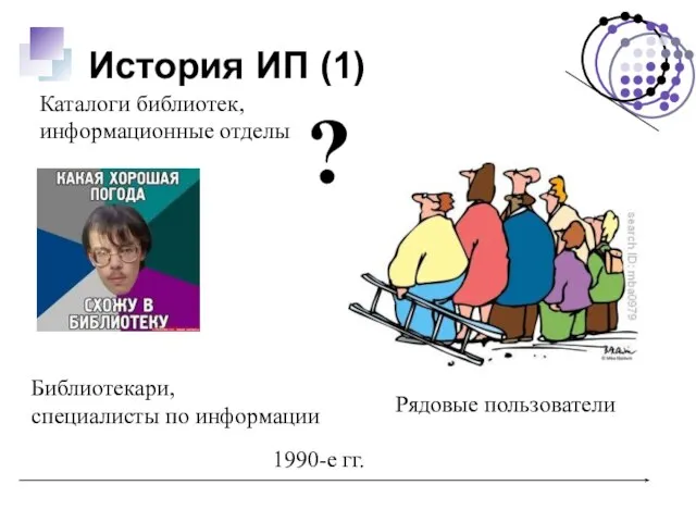 Каталоги библиотек, информационные отделы История ИП (1) 1990-е гг. Библиотекари, специалисты по информации Рядовые пользователи ?