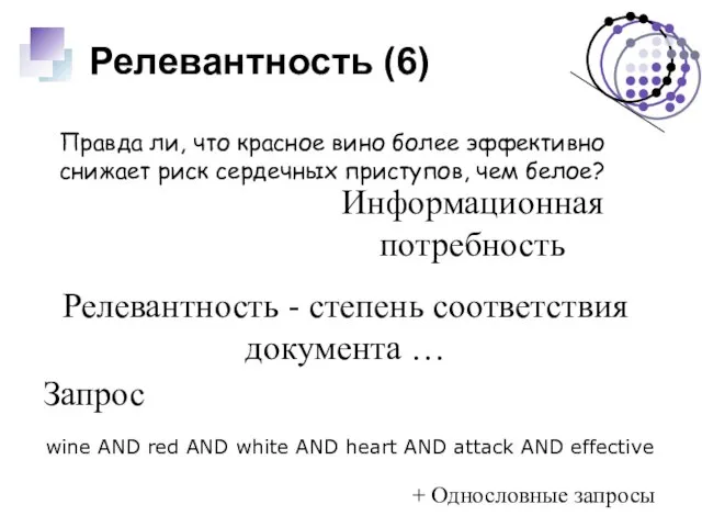 Релевантность (6) Информационная потребность Запрос Правда ли, что красное вино более эффективно