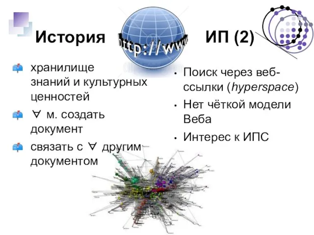 История ИП (2) Поиск через веб-ссылки (hyperspace) Нет чёткой модели Веба Интерес