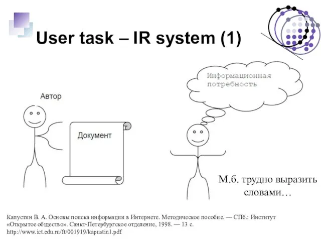 User task – IR system (1) М.б. трудно выразить словами… Капустин В.