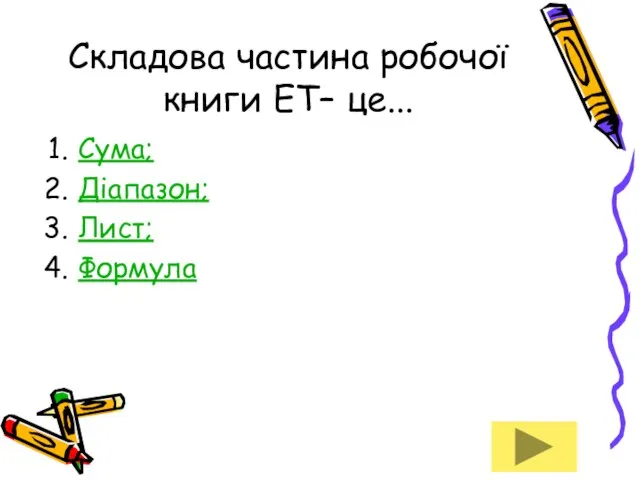 Складова частина робочої книги ЕТ– це... Сума; Діапазон; Лист; Формула