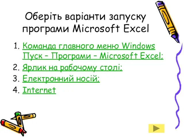 Оберіть варіанти запуску програми Microsoft Excel Команда главного меню Windows Пуск –