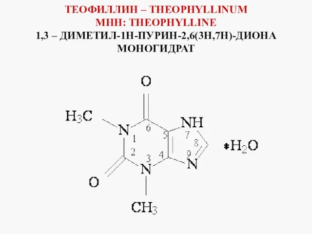 ТЕОФИЛЛИН – THEOPHYLLINUM MHH: THEOPHYLLINE 1,3 – ДИМЕТИЛ-1Н-ПУРИН-2,6(3Н,7Н)-ДИОНА МОНОГИДРАТ