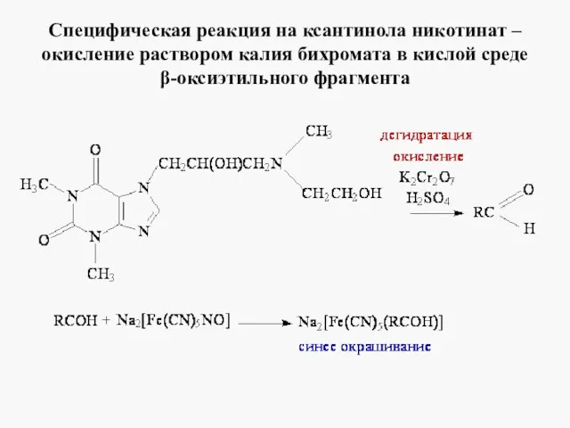 Специфическая реакция на ксантинола никотинат – окисление раствором калия бихромата в кислой среде β-оксиэтильного фрагмента