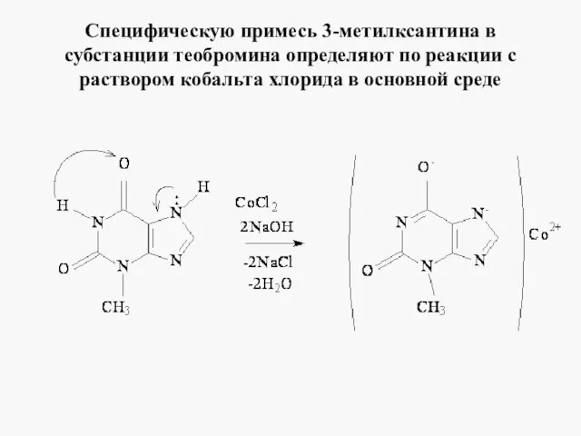 Специфическую примесь 3-метилксантина в субстанции теобромина определяют по реакции с раствором кобальта хлорида в основной среде