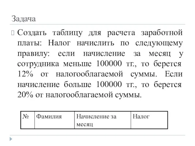 Задача Создать таблицу для расчета заработной платы: Налог начислить по следующему правилу: