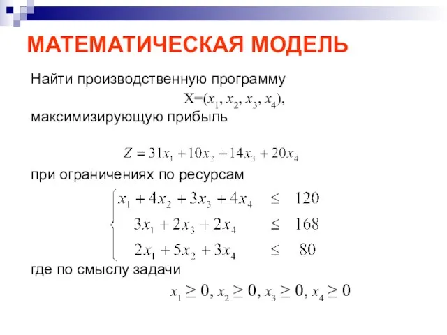 МАТЕМАТИЧЕСКАЯ МОДЕЛЬ Найти производственную программу X=(x1, x2, x3, x4), максимизирующую прибыль при