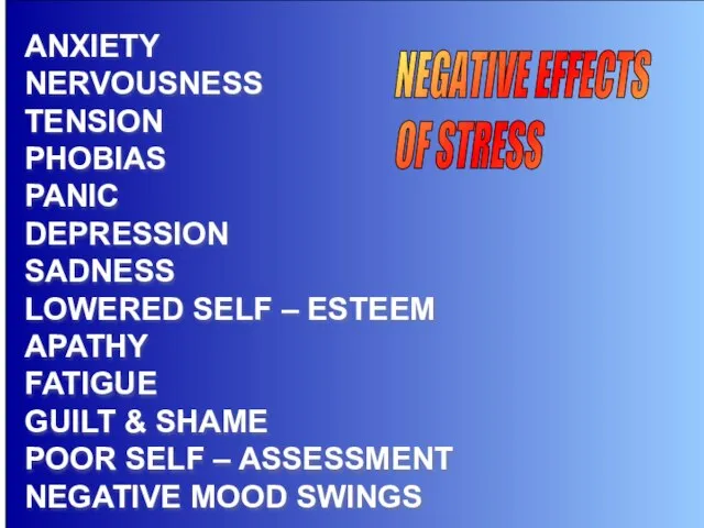 12-Aug-23 ANXIETY NERVOUSNESS TENSION PHOBIAS PANIC DEPRESSION SADNESS LOWERED SELF – ESTEEM