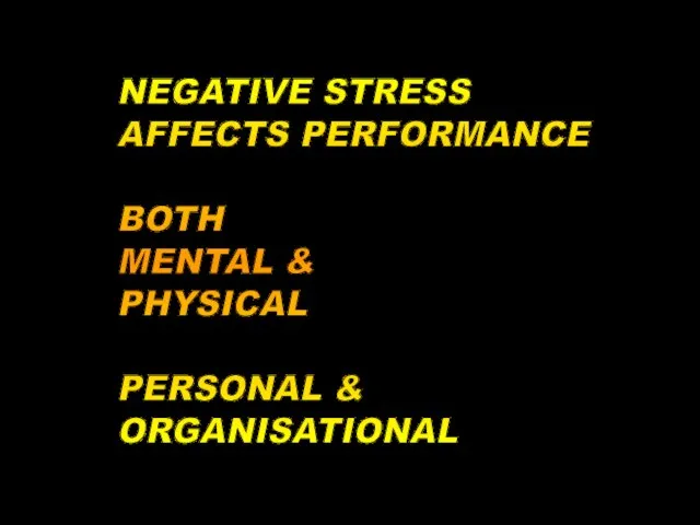 12-Aug-23 NEGATIVE STRESS AFFECTS PERFORMANCE BOTH MENTAL & PHYSICAL PERSONAL & ORGANISATIONAL