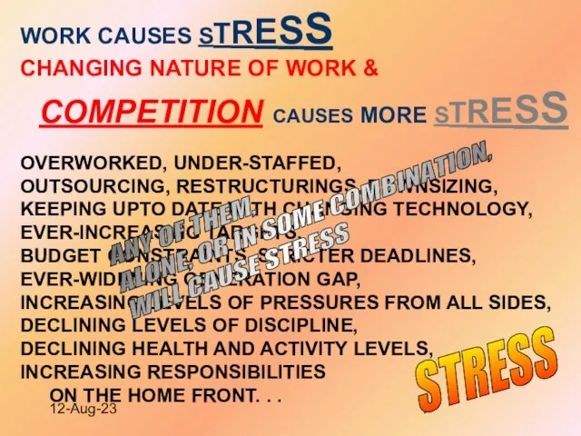 12-Aug-23 WORK CAUSES STRESS CHANGING NATURE OF WORK & COMPETITION CAUSES MORE