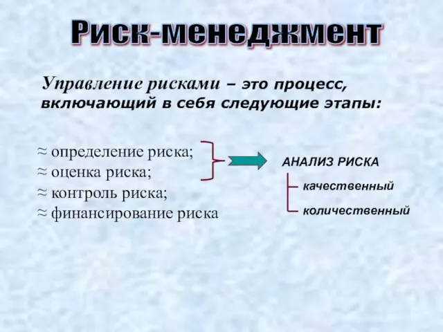 Риск-менеджмент ≈ определение риска; ≈ оценка риска; ≈ контроль риска; ≈ финансирование