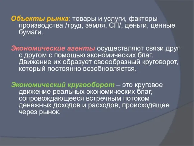 Объекты рынка: товары и услуги, факторы производства /труд, земля, СП/, деньги, ценные