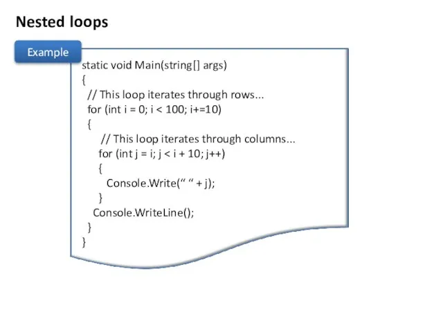 Nested loops Example static void Main(string[] args) { // This loop iterates