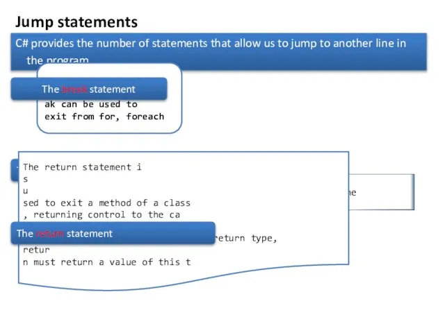 Jump statements C# provides the number of statements that allow us to