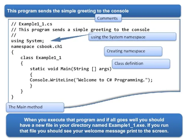 This program sends the simple greeting to the console // Example1_1.cs //